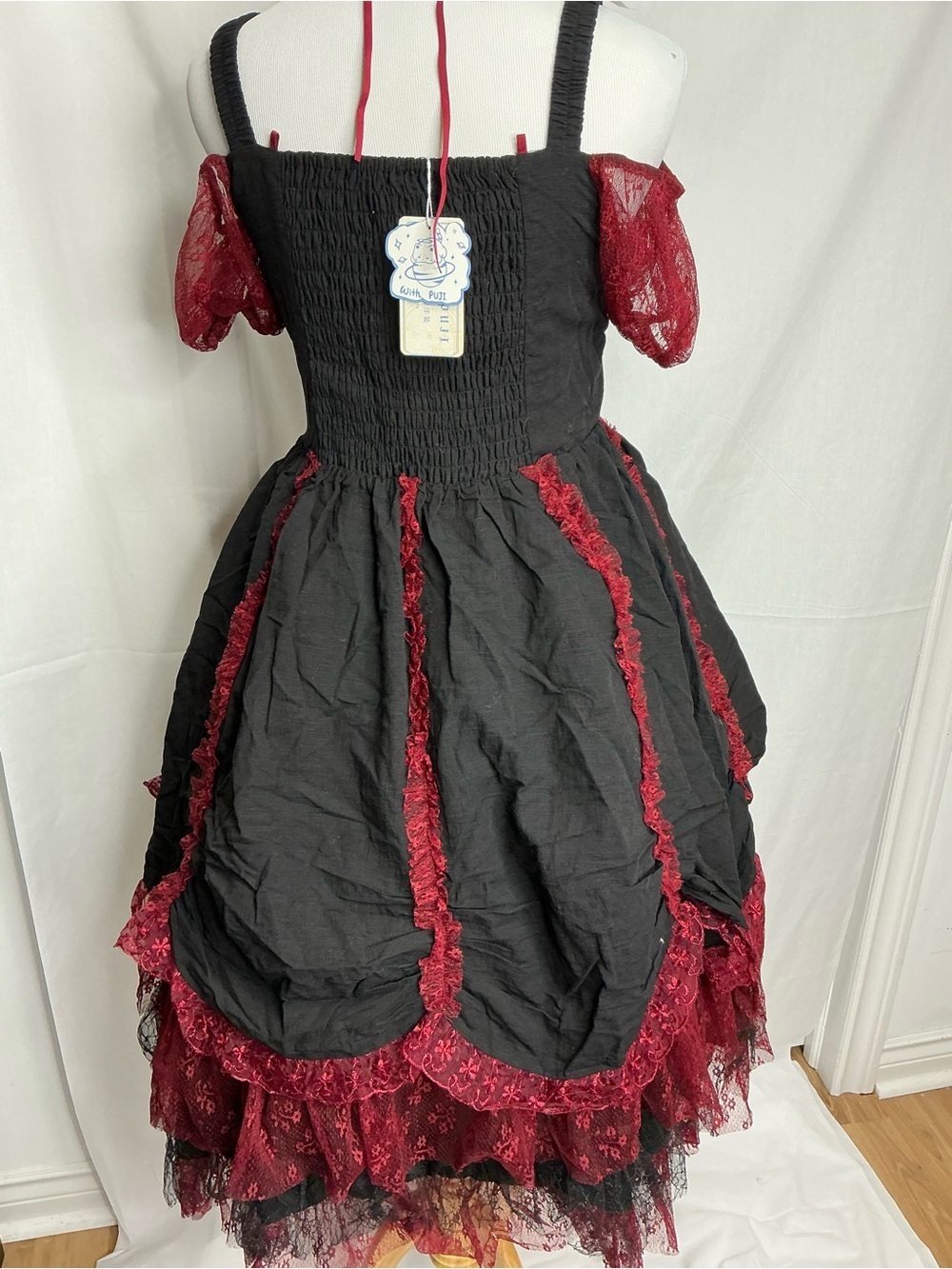 2198 - Red & Black Lace Trim Off-Shoulder Midi Dress
(Crinoline Not included). - Picture 5 of 16